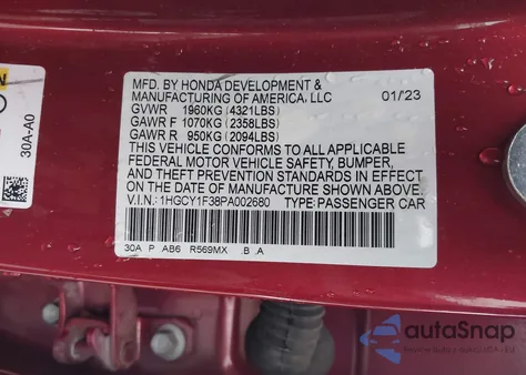 2023 Honda Accord Ex z USA, uszkodzony, nr VIN 1HGCY1F38PA002680